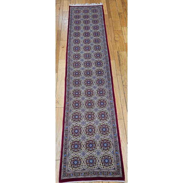 Vintage Persian Qum Runner Rug, Hand-Knotted Wool, Allover Geometric Pattern, 3x13, Tan & Red For Sale In Chicago - Image 6 of 14