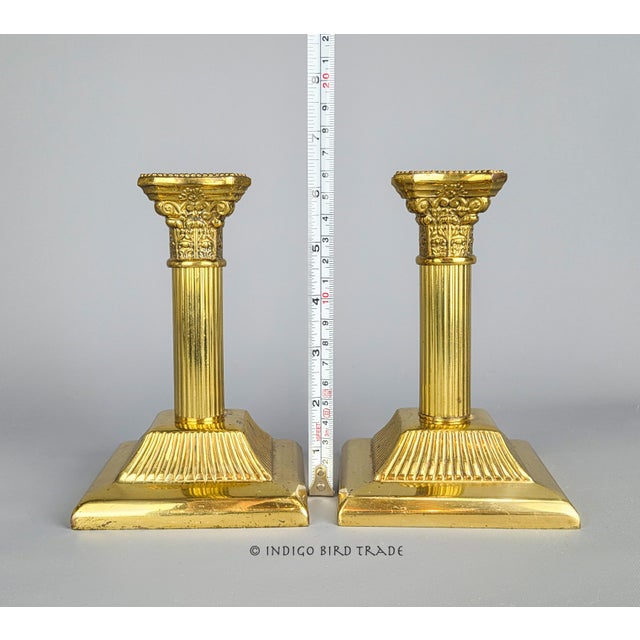 19th Century Antique English Brass Corinthian Column Candlestick Holders Set of 2 For Sale - Image 5 of 7