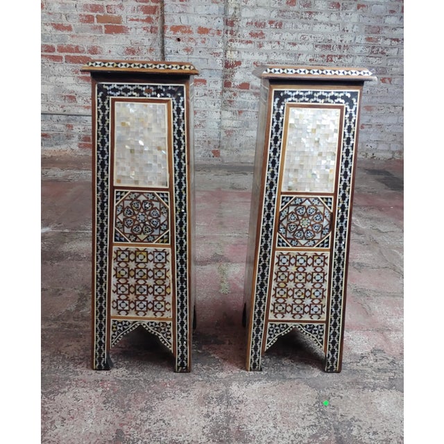 Syrian Pair of Vintage "Tower Shaped" Petite Inlaid Stands size 9 x 9 x 28" A beautiful piece that will add to your décor!