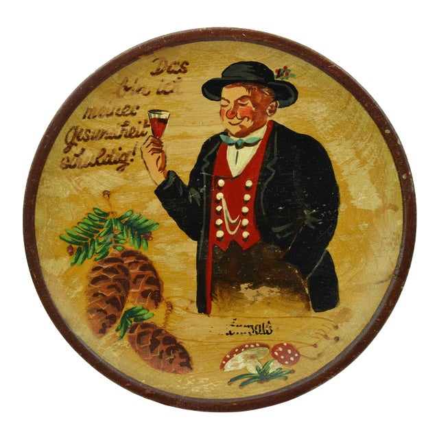 Early 20th Century Hand Painted "Das Bin Ich Meiner Gesundheit Schuldig" German Wooden Round Wall Plaque For Sale