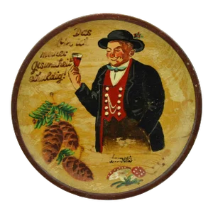 Early 20th Century Hand Painted "Das Bin Ich Meiner Gesundheit Schuldig" German Wooden Round Wall Plaque
