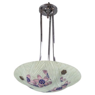 Art Deco French Floral Glass and Chrome Pendant Light from Loys Lucha, 1930s For Sale