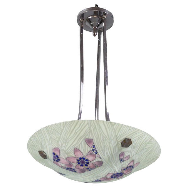 Art Deco French Floral Glass and Chrome Pendant Light from Loys Lucha, 1930s For Sale