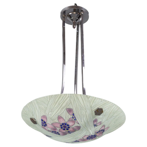 Art Deco French Floral Glass and Chrome Pendant Light from Loys Lucha, 1930s