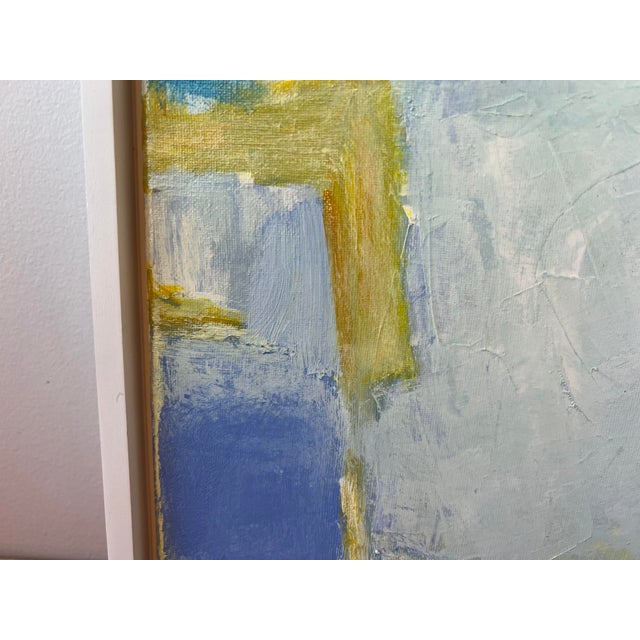 This breezy blue abstract expressionist painting evokes the feeling of a fine summer day. Created in acrylics by artist...
