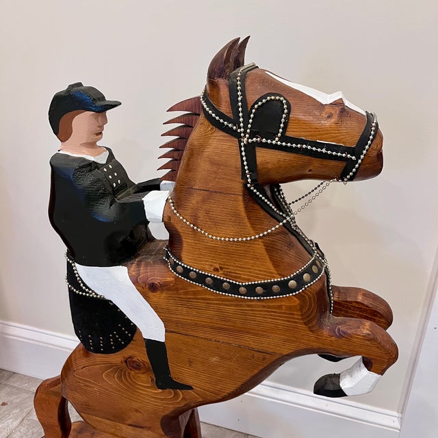 1980s 3 Foot Tall Wood Equestrian Folk Art Sculpture For Sale - Image 4 of 12