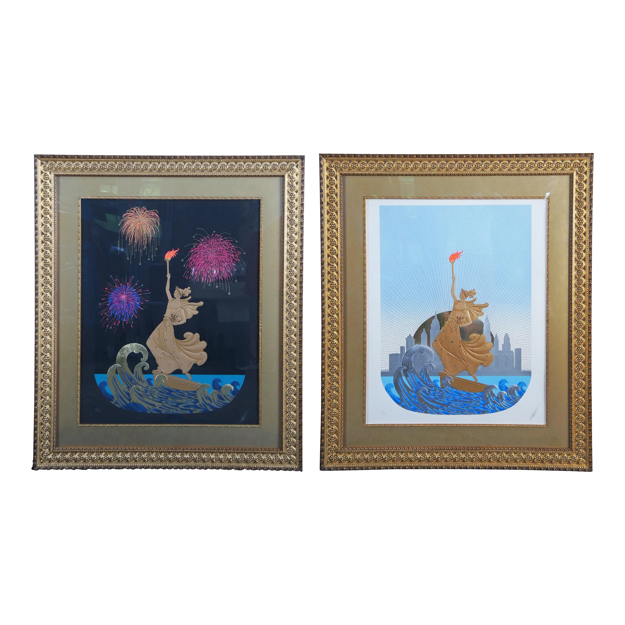 Vintage Set of 2 Erte Embossed Statue of Liberty Day & Night