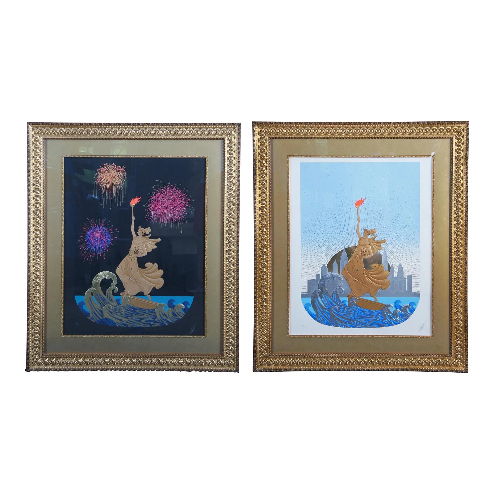 Vintage Set of 2 Erte Embossed Statue of Liberty Day & Night