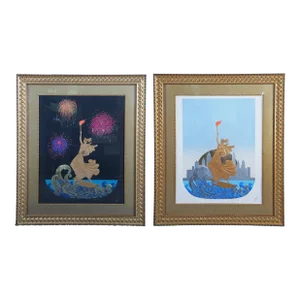 Vintage Set of 2 Erte Embossed Statue of Liberty Day & Night Serigraphs, Sunrise & Fireworks