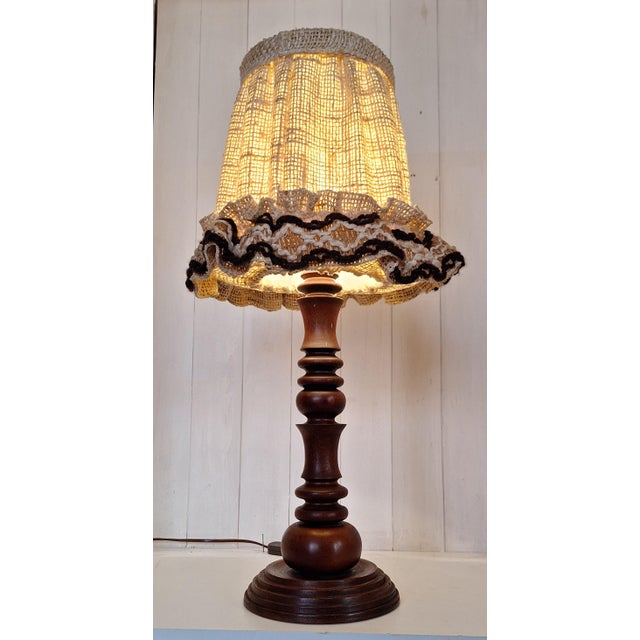 1970s Vintage Table Lamp with Chestnut Wood Base and Wool Shade, 1970s For Sale - Image 5 of 7