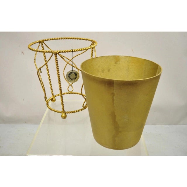 Vintage Italian Hollywood Regency Gold Gilt Iron Tole Wastebasket Trashcan For Sale - Image 9 of 12