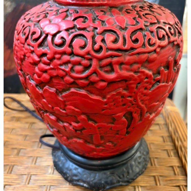 Red Antique Asian Red Cinnabar Lamp With Original Paper Pleated Shade For Sale - Image 8 of 12