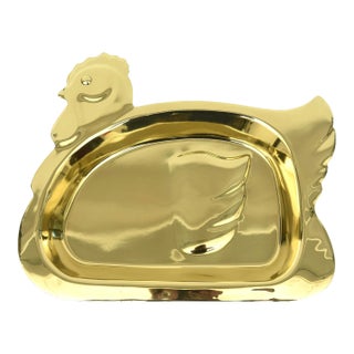 Vintage Polished Brass Signed Rooster Tray and Barware For Sale