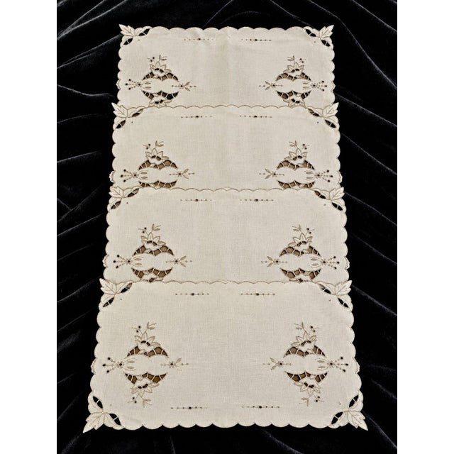 Beige Vintage Madeira Style Embroidered Linen Table Set 5 For Sale - Image 8 of 10