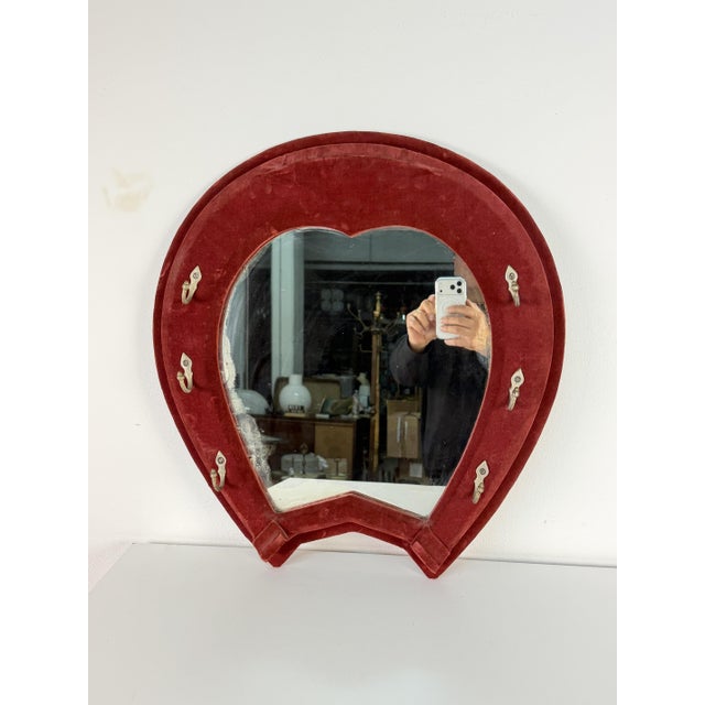Mid-Century Modern Red Velvet Horseshoe Wall Mirror, 1950s For Sale - Image 3 of 10