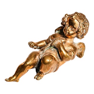 Heavy Classical Figurine Vintage Solid Metal Cherub Putti With Bird Sculpture Paperweight Home Decor Art For Sale