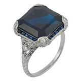 1930s Art Deco Gia 9.50 Carat No Heat Asscher Cut Sapphire Diamond Platinum Ring, Size 8 For Sale