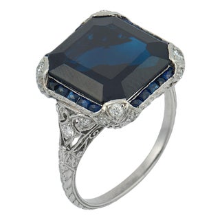 1930s Art Deco Gia 9.50 Carat No Heat Asscher Cut Sapphire Diamond Platinum Ring, Size 8 For Sale