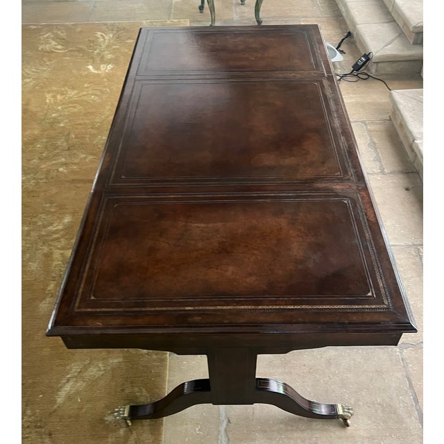 Maitland-Smith Embossed Leather Wrapped Partners Desk W/ Brass Hardware For Sale - Image 11 of 18