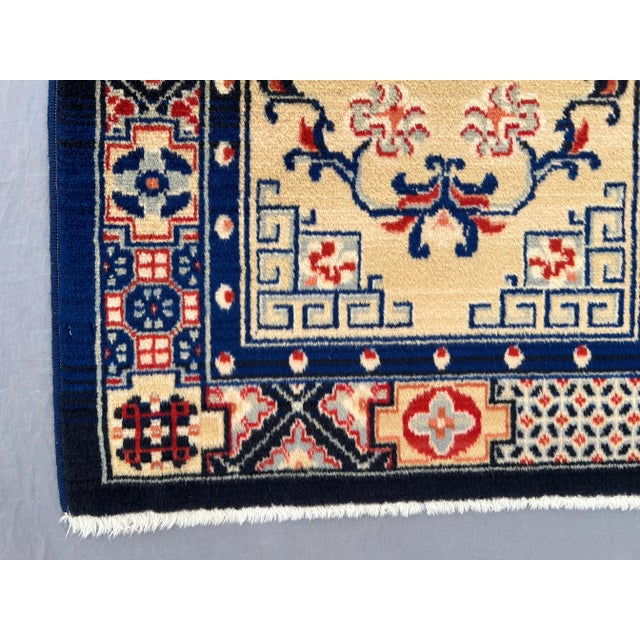 Vintage Chinese Hand-Knotted Wool Rug Art Deco Medallion Design in Navy and Cream Rug For Sale - Image 6 of 10