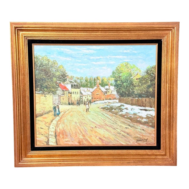 1990s Hand-Painted Oil Reproduction After Alfred Sisley — "Early Snow at Louveciennes" — Museum of Fine Arts Boston, Framed For Sale