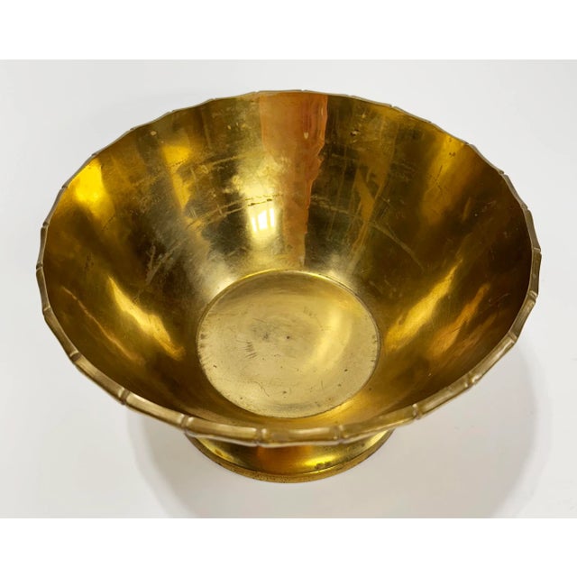 Vintage Brass Pedestal Bowl W/ Faux Bamboo Rim For Sale - Image 4 of 8