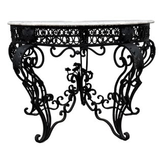 Grand Vintage Wrought Iron and White Marble Top Center Table With Ornate Scrollwork, French Baroque Revival Style For Sale
