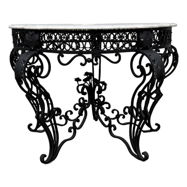 Grand Vintage Wrought Iron and White Marble Top Center Table With Ornate Scrollwork, French Baroque Revival Style For Sale