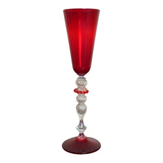 Mid 20th Century Italian Ruby Red Murano-Style Art Glass Flute With Twisted Gold Aventurine Stem For Sale