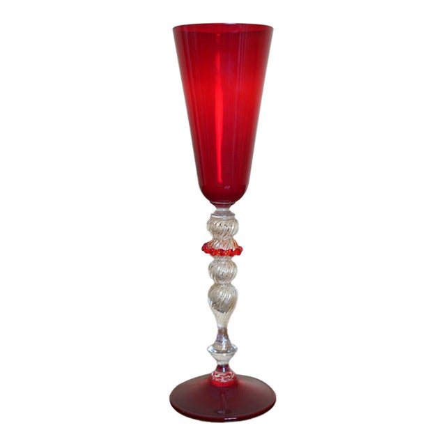 Mid 20th Century Italian Ruby Red Murano-Style Art Glass Flute With Twisted Gold Aventurine Stem For Sale