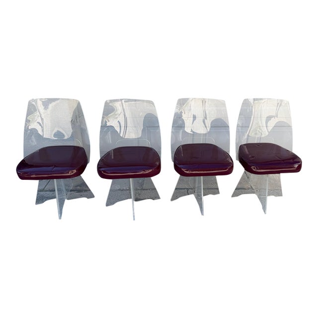 Vintage Hollywood Regency Sculptural Lucite Swivel Dining Chairs With Burgundy Seats – Set of 4 For Sale