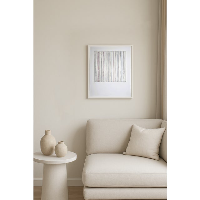 Title: In-Line Medium: Paper, Wood, Acrylic Paint Description: Carefully cut paper strips are arranged in a measured...