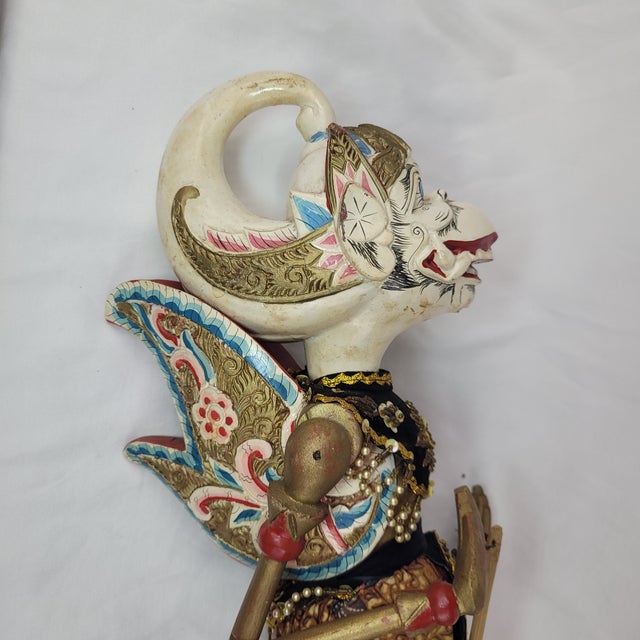 Cream Vintage Indonesian Wayang Golek Rod Puppet Hanuman Hand Carved Wood Batik For Sale - Image 8 of 10