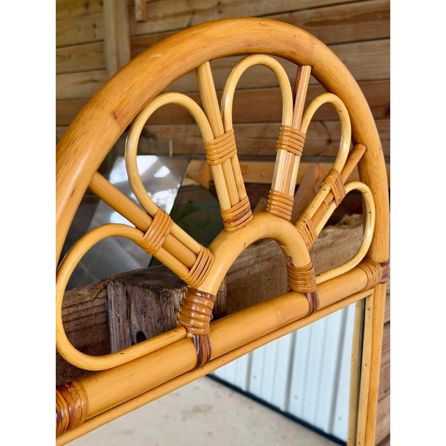 Tan Vintage Coastal Boho Rattan Fan Back Wall Mirror With Woven Shelf For Sale - Image 8 of 12