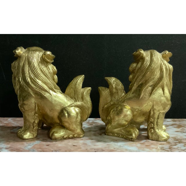 Plastic Pair of Chinoiserie Gold Gilt Foo Dog Accents or Bookends by Sadek. Great for Palm Beach Regency or Feng Shui Decor - See Pics! For Sale - Image 7 of 11