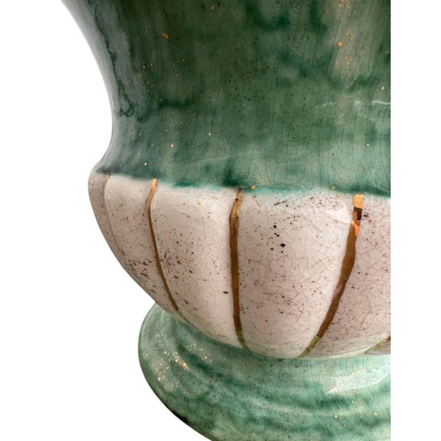 1960s Neoclassical Green & Cream Ceramic Urn Vessel With Ionic Motif Handles For Sale - Image 4 of 8