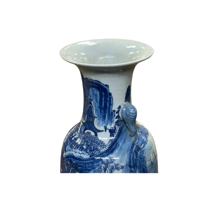Blue 23" Vintage Blue White Scenery Porcelain Elephant Head Ear Art Vase For Sale - Image 8 of 12