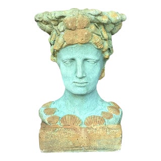 Vintage Boho Cast Concrete Woman in Shells Planter For Sale