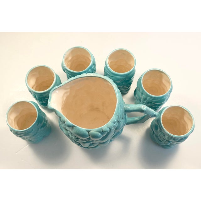 Ceramic Vintage MCM Ceramic Serving Pitcher and Drinks Glasses, Celadon Fruit Relief Pattern For Sale - Image 7 of 9