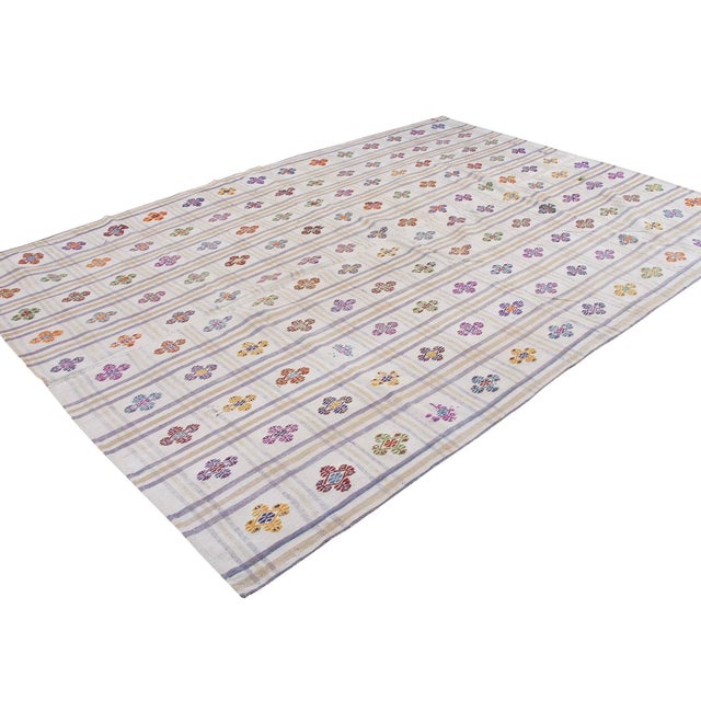 Embroidered Vintage Cotton Kilim Rug For Sale - Image 4 of 6