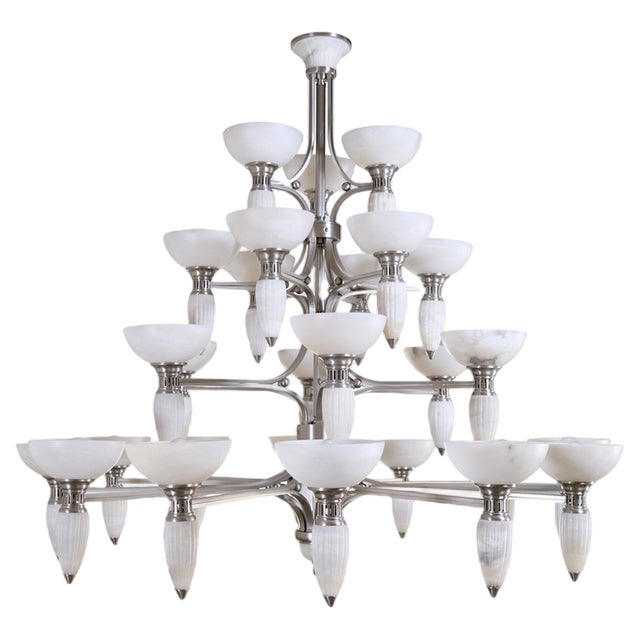 Art Deco Chandelier with Alabaster Bowls and Illuminated Cones, 1990s For Sale