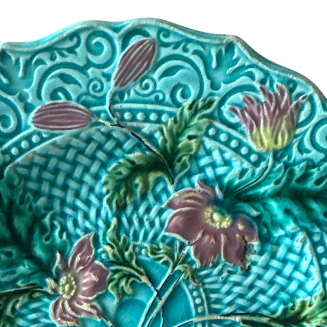 Antique Continental Turquoise Majolica Floral Relief Plate, C. 1900 For Sale - Image 4 of 6
