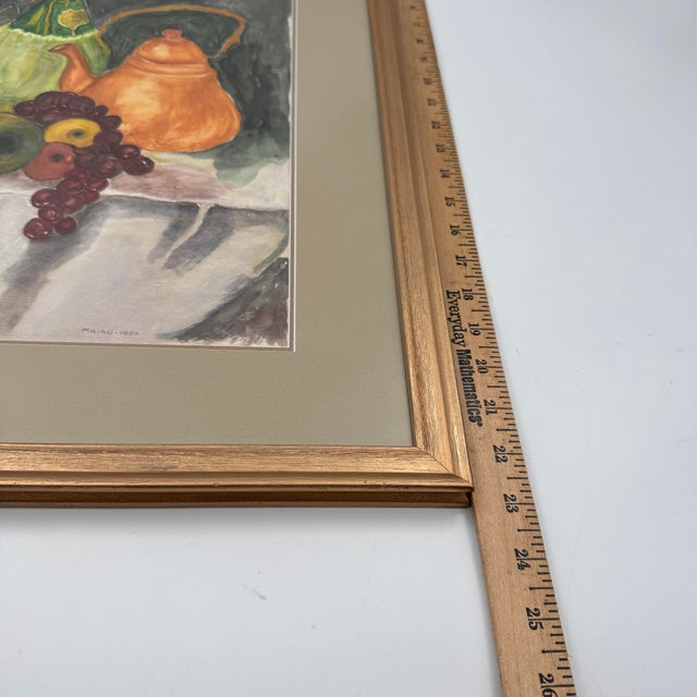 Paint Vintage Original French Country Still Life Watercolor Fruit Wine Copper Pot For Sale - Image 7 of 9