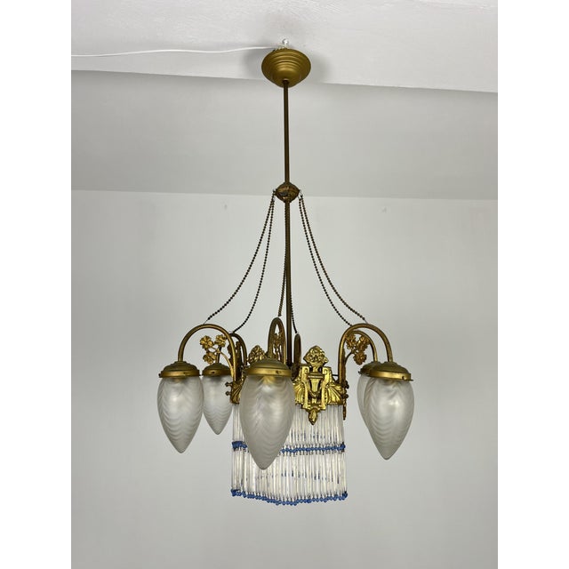 1940s Art Deco 7-Light Chandelier in Brass and Glass, 1940s For Sale - Image 5 of 18