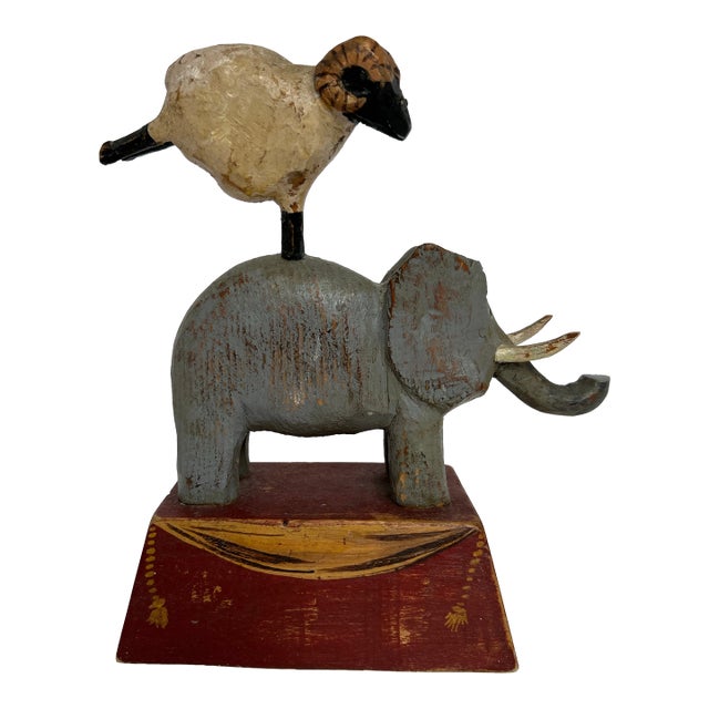 Original Signed Tom Kelly Folk Art Elephant Ram Wood Sculpture For Sale