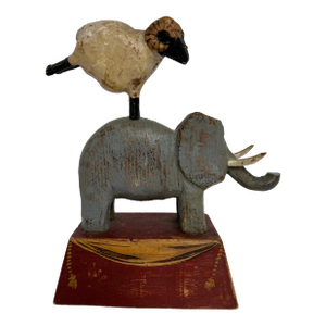 Original Signed Tom Kelly Folk Art Elephant Ram Wood Sculpture