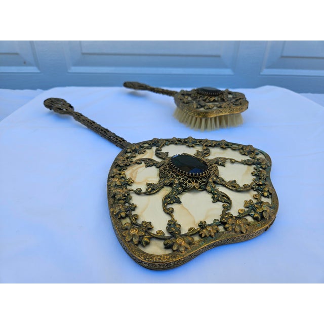 Venetian Brass Filigree Jeweled Mirror and Brush Set For Sale - Image 15 of 17