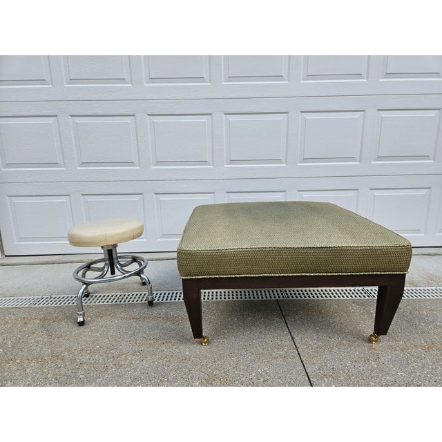 Large Square Green Upholstered Ottoman Footstool on Casters For Sale - Image 10 of 12
