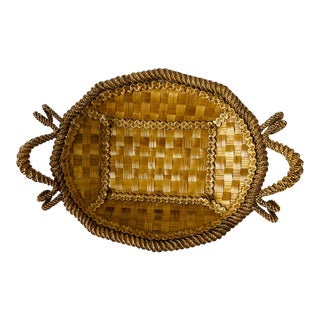 1950s Boho Straw Bread Basket Tray Handwoven Folk Art For Sale