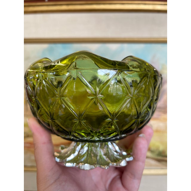 1970s Vintage Green Pressed Glass Bowl With Scalloped Rim and Silver-Toned Floral Base. For Sale - Image 5 of 10